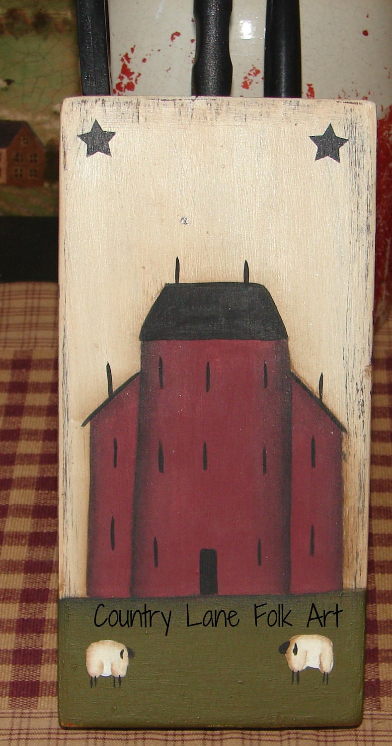 knife block hand painted wooden primitive salt box house  willow tree
