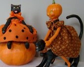 Pumpkin on a Cat, Cat on a Pumpkin, paper mache, OOAK halloween art dolls, price reduced