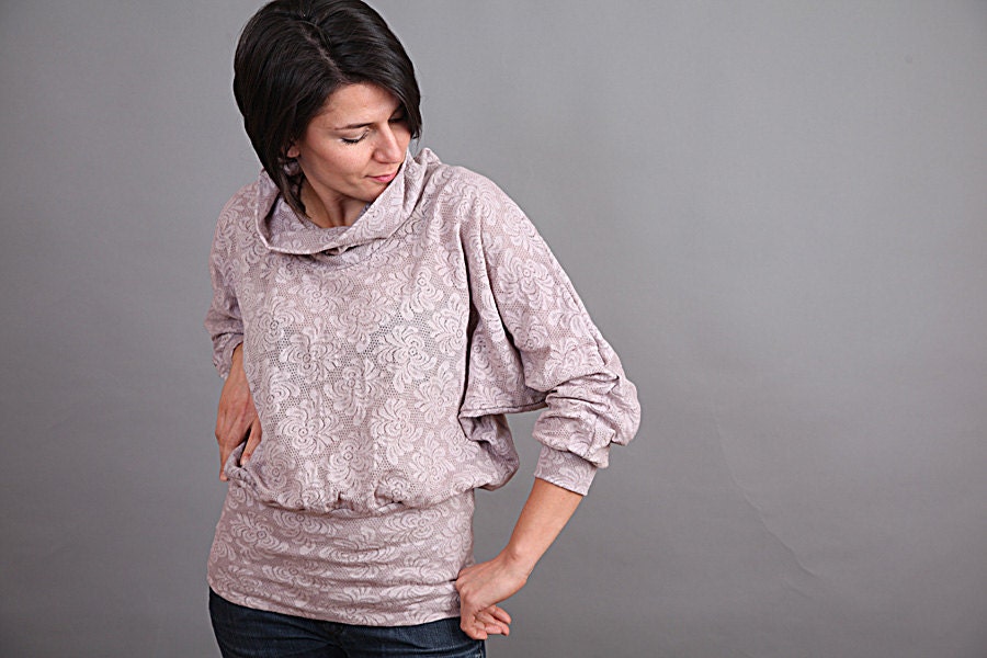 Hand dyed beige cotton lace blouse with long sleeves.