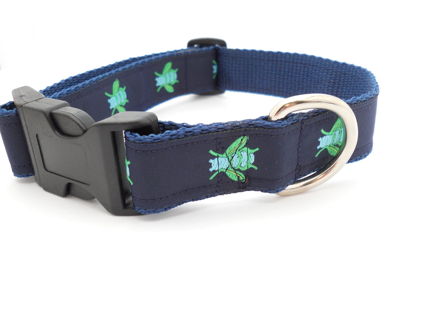 Adjustable Dog Collar - Preppy Navy with Lime and Turquiose Bees