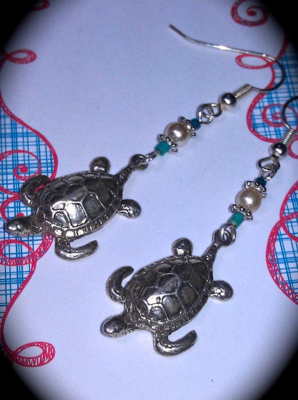Silver Sea Turtle Earrings handmade gift turquoise vintage faux pearl and silver accessory
