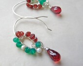 Garnet earrings- green onyx earrings- Gemstone earrings- wire wrapped sterling silver earrings- Christmas jewelry