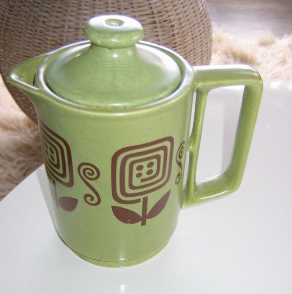 660's 70's Ceramic electric hot water pitcher, Green and brown. Mod