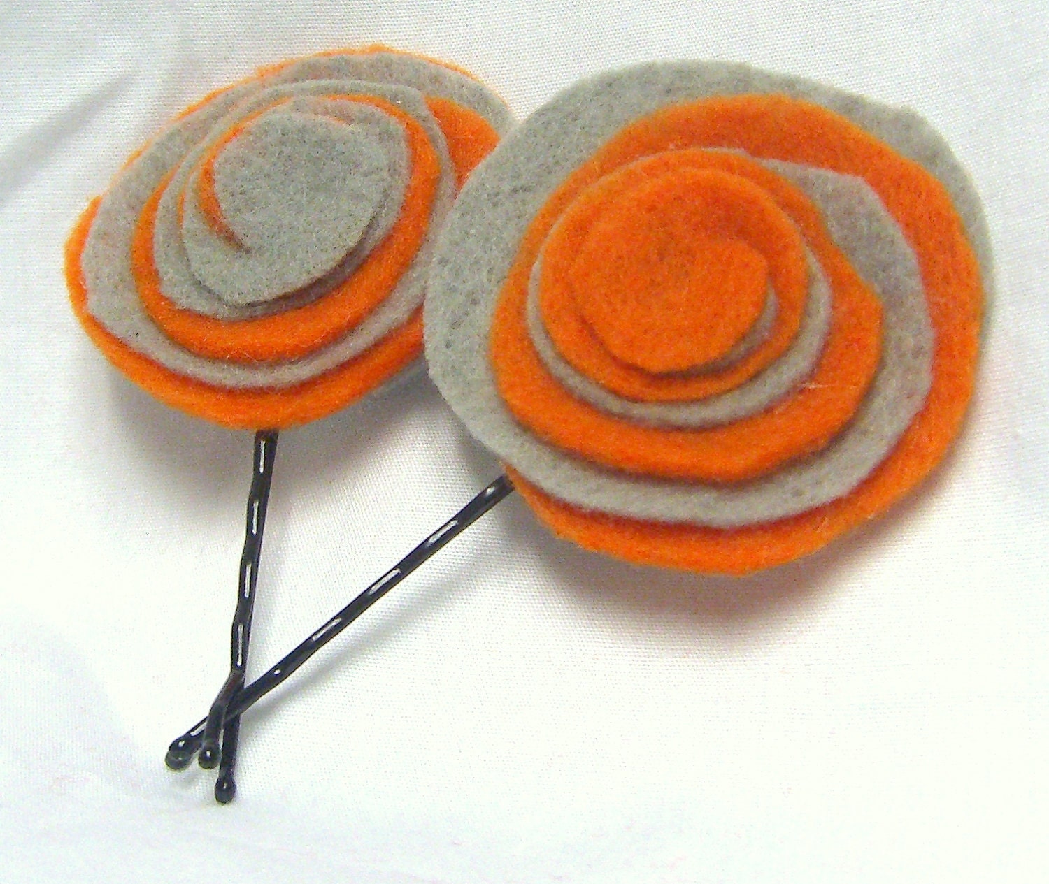 Felt hair pins in orange and gray. Mod. Hipster. Whimsy.