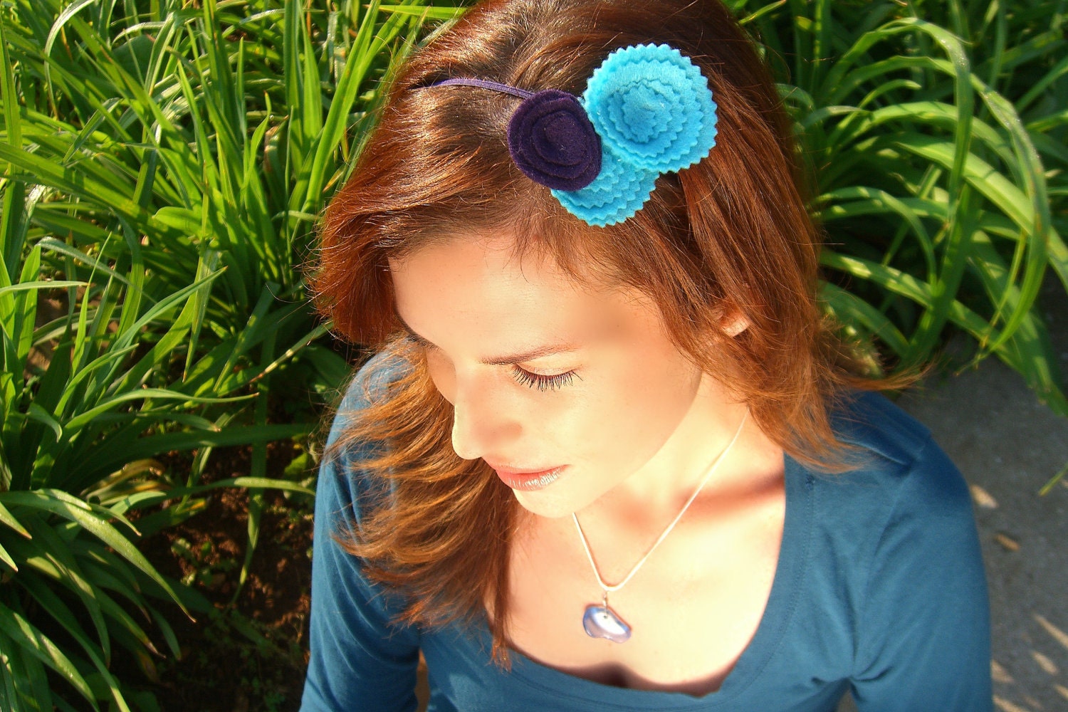 Aqua and purple felt flowers on skinny purple headband. Women. Teenagers. Babies.