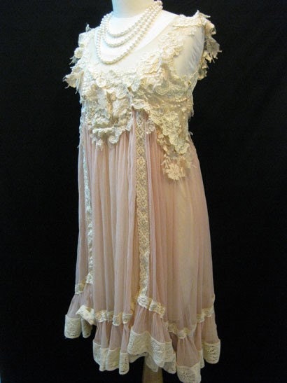 Reserved Listing for Hailey : Custom Made Elegant Hand-Embroidered Ivory Lace with Ivory Chiffon Babydoll Dress