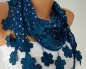 Blue  Scarf   Cotton Scarf  with Lace Edge  Multicolor Gift for Her  - bridesmaid gift - fatwoman