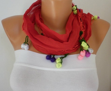 Red Scarf Cotton Scarf  Cowl with  Lace Edge  Gift
