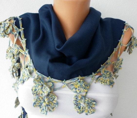 Navy Blue Scarf  Women Pashmina  Scarf  - Cotton Scarf -  - Cowl with Lace  Edge - Navy Blue - fatwoman