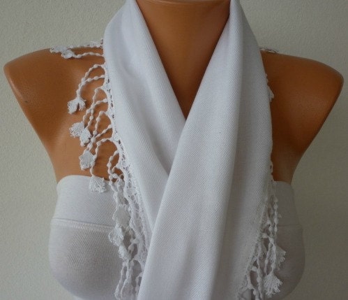 White Scarf - Pashmina  Scarf  - Cotton Scarf - - Cowl with Lace  Edge - Women Scarves   fatwoman - Bridesmaids Gifts