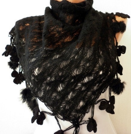 Black  Knitted Scarf  -   - Cowl with Lace and Pompom Edge - Black ///