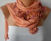 Apricot Scarf   Pashmina  Scarf  - Cotton Scarf - Women Scarf  - Cowl with Lace  Edge -  fatwoman