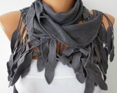 Women Pashmina  Scarf  - Cotton Scarf - - Cowl with Lace  Edge - Gray