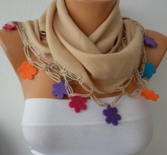 Beige Scarf  - Pashmina  Scarf -  Cowl with Lace Felt Colorful Flower Edge  -