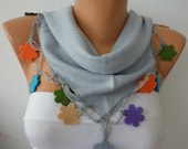 Ice Blue Scarf -  Pashmina  Scarf - Cowl with Lace Felt Colorful Flower Edge   -
