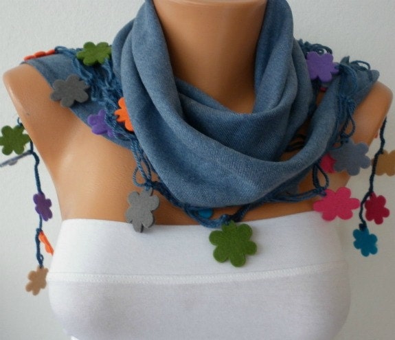 Blue Scarf -  Pashmina  Scarf -  Cowl with Lace Felt Colorful Flower Edge   -