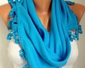 Women Pashmina  Scarf  - Cotton Scarf - - Cowl with Lace  Edge - turquoise blue - fatwoman