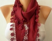 Burgundy  Scarf  - Pashmina  Scarf -  Cowl with Lace Edge   -