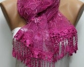 Hot Pink Scarf -  Cowl with Lace Edge