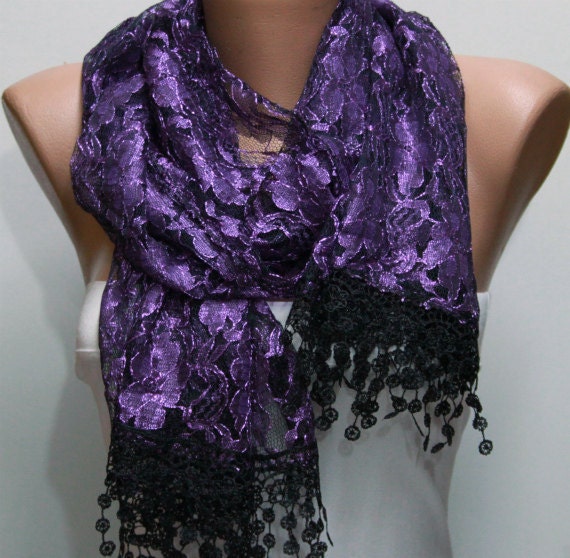 Purple Silvery Scarf -  Cowl with Lace Edge by Fatwoman