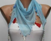 Light Blue Scarf ,Cotton Scarf  Woman  Cowl with Lace Edge -