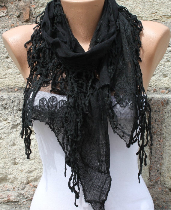 Black Shawl Scarf -  Cowl with Lace Edge