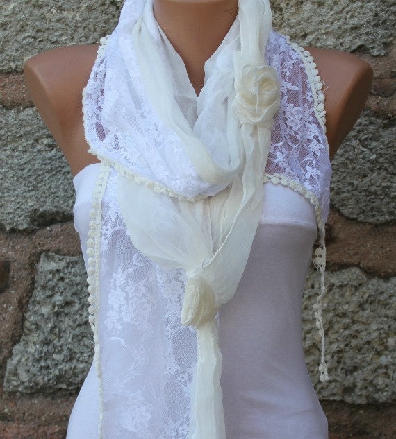 Creamy White Scarf -  Cowl Scarf - fatwoman bridesmaid gift Lace Scarf Lace Shawl Bridal