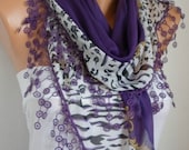 Purple Scarf Scarf Shawl  -  Cotton Weddings Scarves -  Cowl  with  Lace Edge - Purple