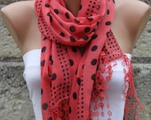 Polka Dot Scarf - Red  Scarf -  Cotton Scarf  Cowl with  Lace Edge - fatwoman