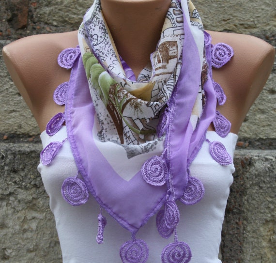 Lilac Scarf - Multicolor Scarf -  Cotton Scarf  Cowl with  Lace Edge