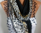 Scarf Shawl  -  Cotton Weddings Scarves -  Cowl  with  Lace Edge - Black