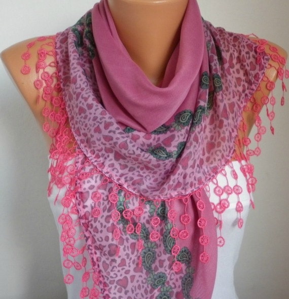Scarf Shawl - Cotton Weddings Scarves - Cowl with Lace Edge - Thulian pink