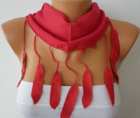 Women Pashmina  Scarf  - Cotton Scarf - - Cowl with Lace  Edge - Red