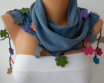 Blue Scarf -  Pashmina  Scarf -  Cowl with Lace Felt Colorful Flower Edge   -