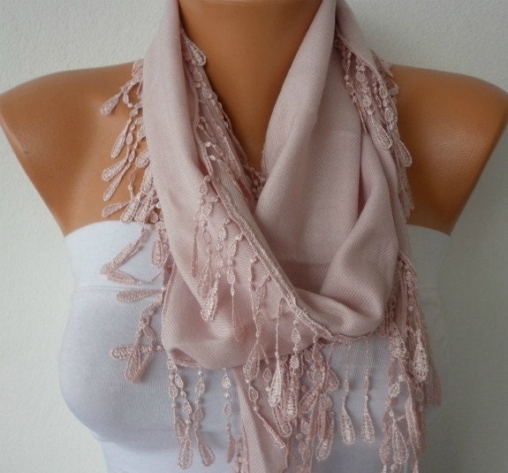 Salmon Scarf  -  Pashmina Scarf  -  Cowl with Lace Edge