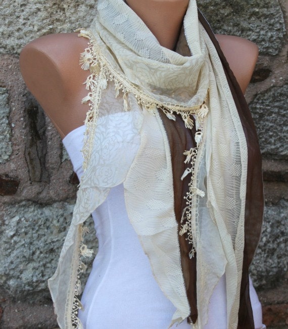 Silvery Shawl Scarf -  Cowl - Yellow - Brown