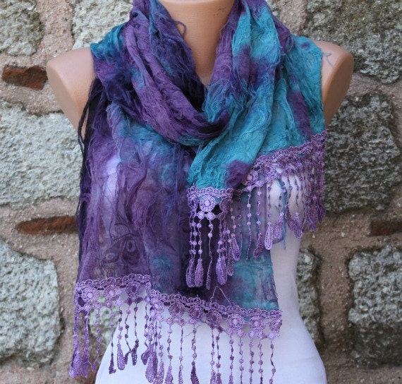 Purple Blue Scarf -  Cowl with Lace Edge "Butterfly effect"