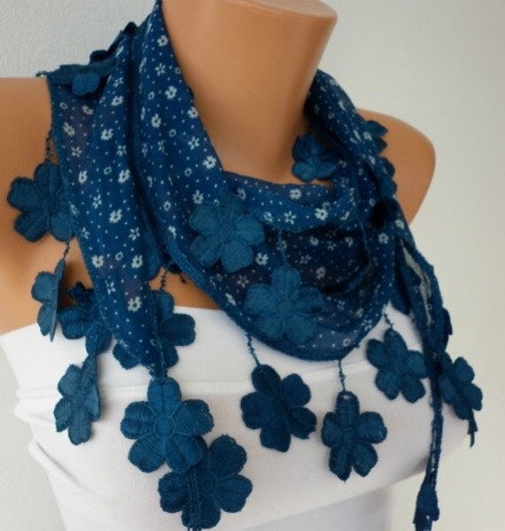 Blue Scarf Cotton Scarf with Lace Edge Multicolor Gift for Her - bridesmaid gift - fatwoman