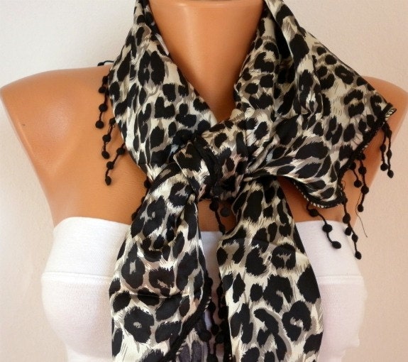 Leopard  Women  Scarf - Cowl Scarf - Shawl  with Lace Edge - Black