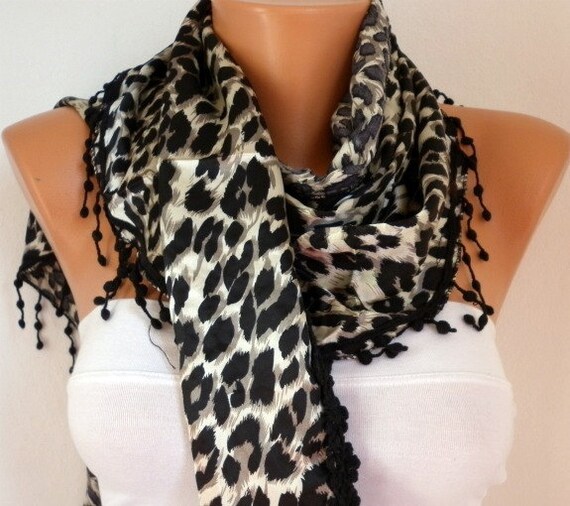 Leopard  Women  Scarf - Cowl Scarf - Shawl  with Lace Edge - Black
