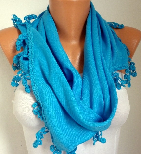 Women Pashmina Scarf - Cotton Scarf - - Cowl with Lace Edge - turquoise blue - fatwoman