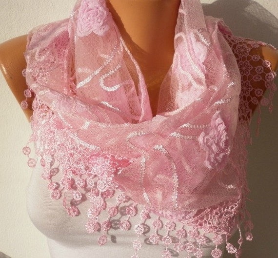 Pink  Scarf  -   Cowl with Lace Edge