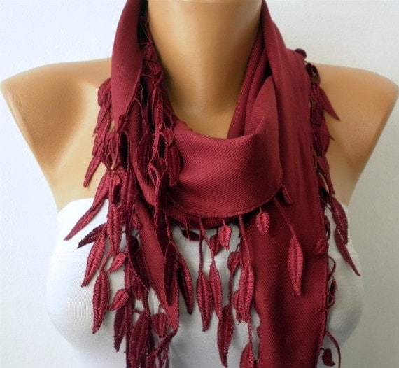 Burgundy Scarf - Pashmina Scarf - Cowl Scarf with Lace Edge - fatwoman