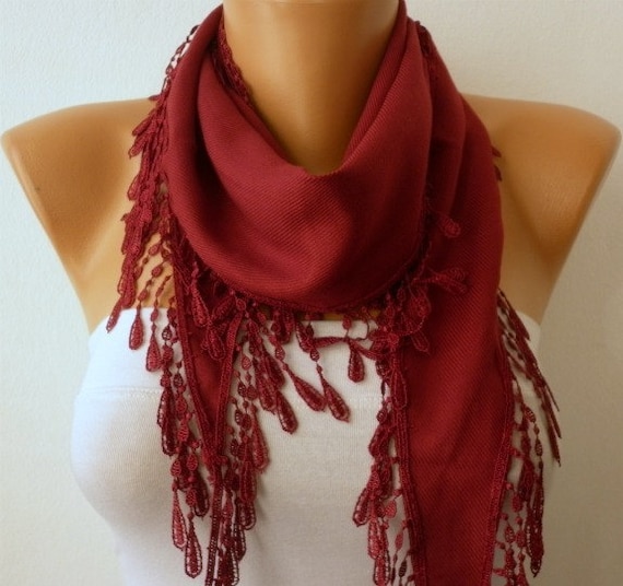 Burgundy  Scarf  - Pashmina  Scarf - Cowl with Lace Edge   -
