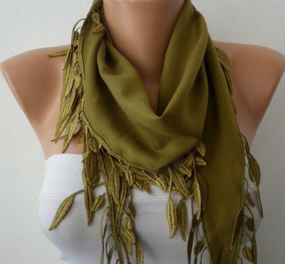 Olive Green Scarf -  Pashmina Scarf  - Cowl Scarf with Lace Edge - fatwoman
