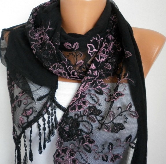 Pink Black Scarf - Headband Necklace Cowl with Lace Edge
