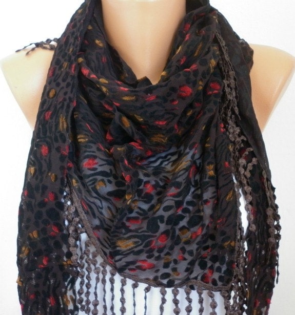Red Black Scarf -  Shawl Scarf -  Cowl Scarf with Fringe - fatwoman