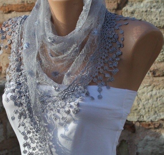 Gray  Lace Scarf Shawl Scarf -  Cowl Scarf with lace edge - fatwoman