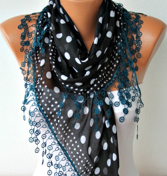 Polka Dot  Scarf -  Cotton Scarves - Cowl with  Lace Edge - Black