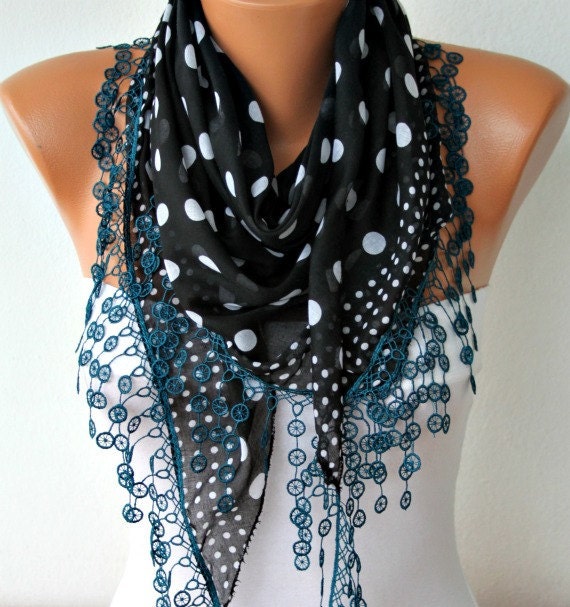 Polka Dot  Scarf -  Cotton Scarves - Cowl with  Lace Edge - Black